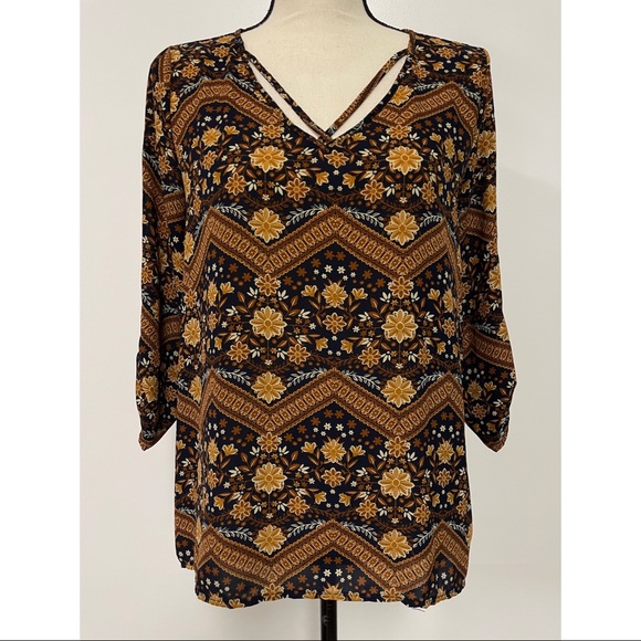 Pink Rose Tops - Pink Rose Chiffon Blouse Blue & Brown Floral Juniors Size M